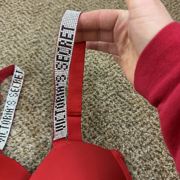Victoria’s Secret Very Sexy Shine Strap Red Push up Bra 32DDD EUC Bling Straps - Picture 5 of 6